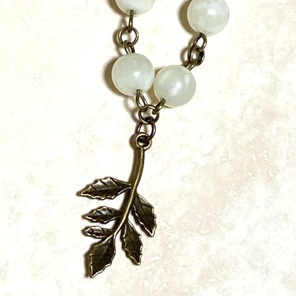 Natural Pale Green Serpentine Necklace, Bronze Leaf Branch + Genuine Gemstone - Picture 7 of 14